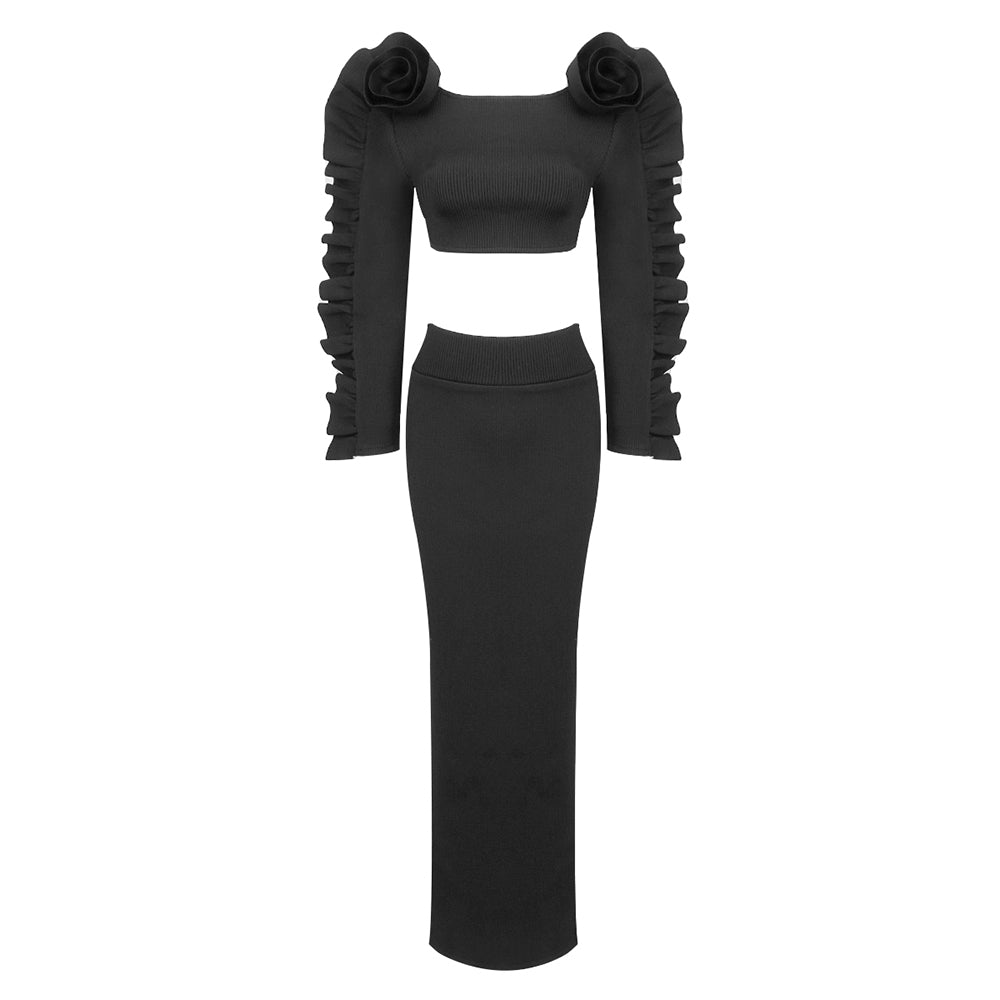 Ruffle Long Sleeve Two Piece Maxi Dress Black HV1030