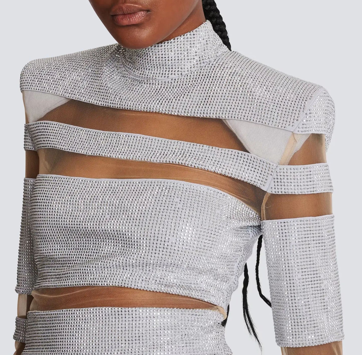 Long Sleeve Studded Mesh Two Piece Dress HV1939