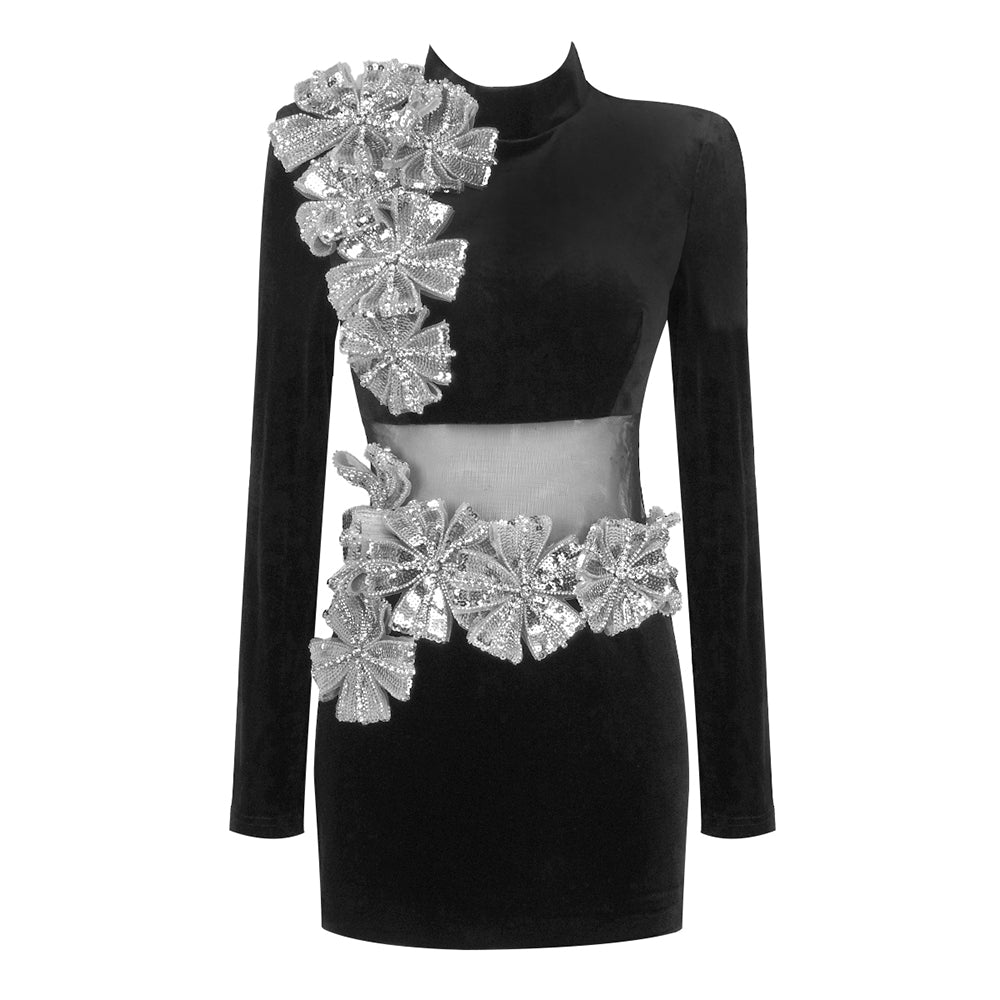 Long Sleeve Sequin Floral Velvet Dress Black HV1695
