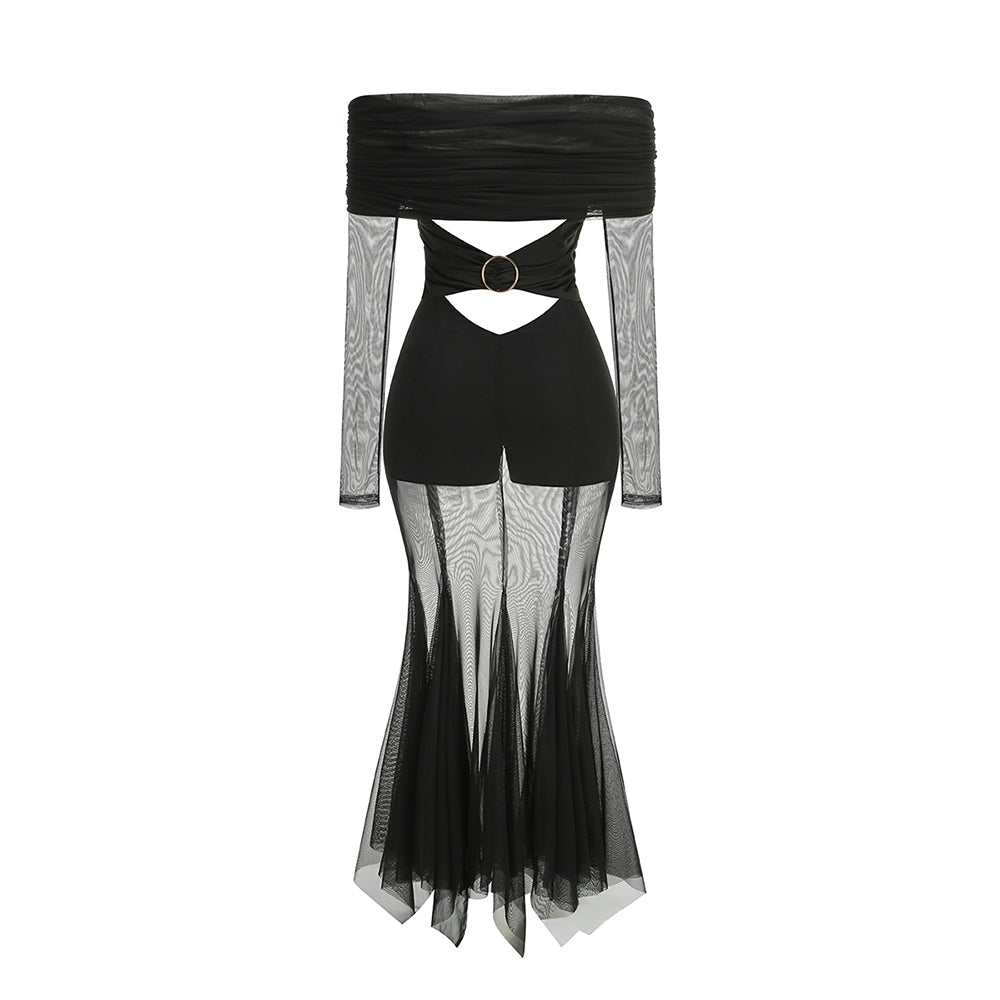 Long Sleeve Bardot Draped Mesh Maxi Dress Black HV1647