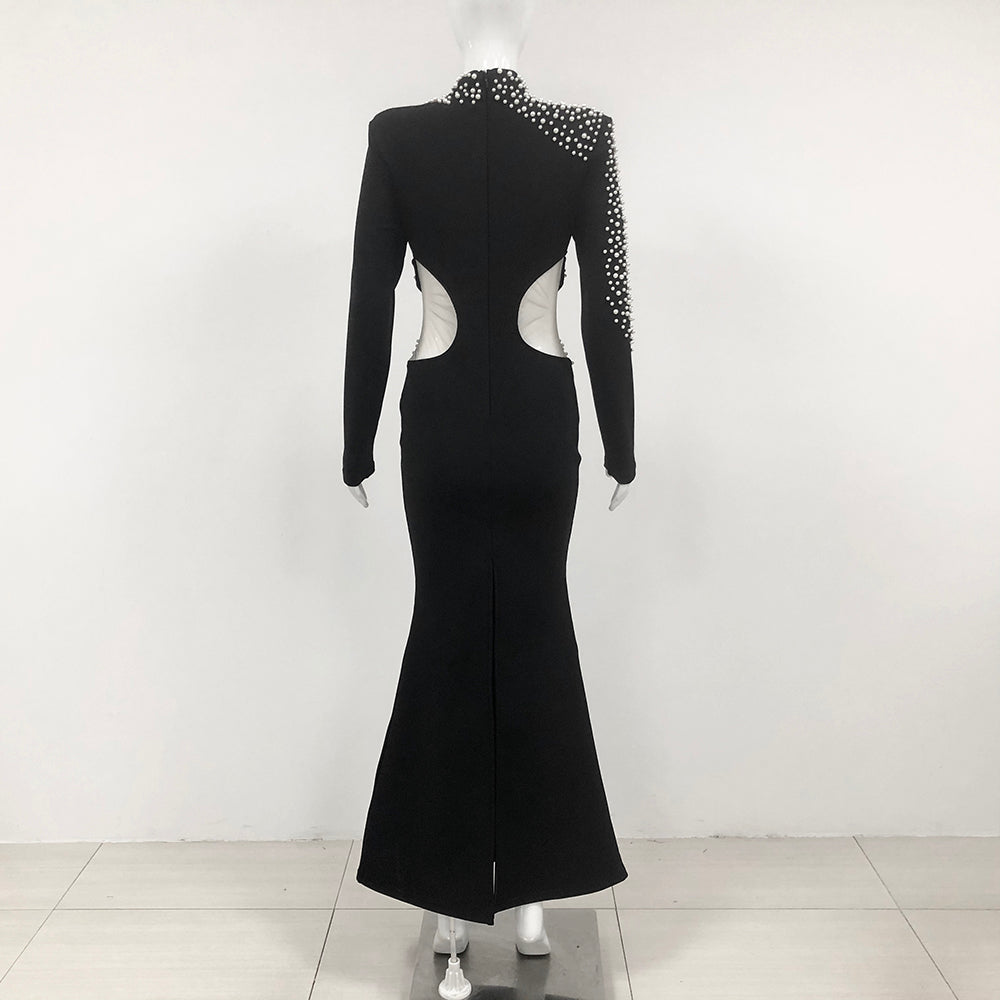 Long Sleeve Pearl Mesh Maxi Dress Black