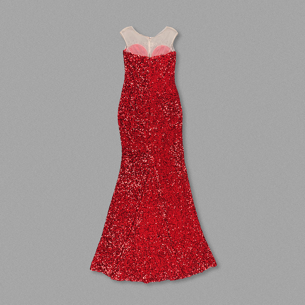 Mesh Insert Sequin Mermaid Maxi Dress Red HV1148