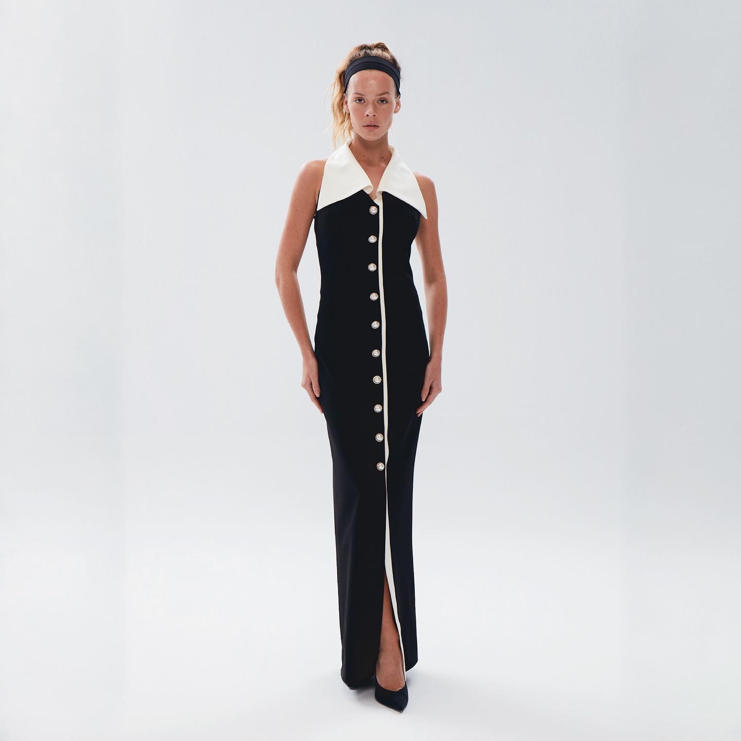 Halter Collar Maxi Dress Black White HV1780