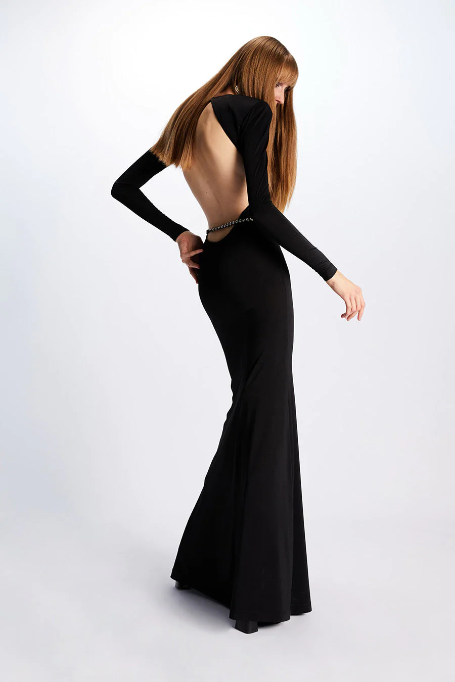 Long Sleeve Crystal Belt Maxi Dress Black HV9973