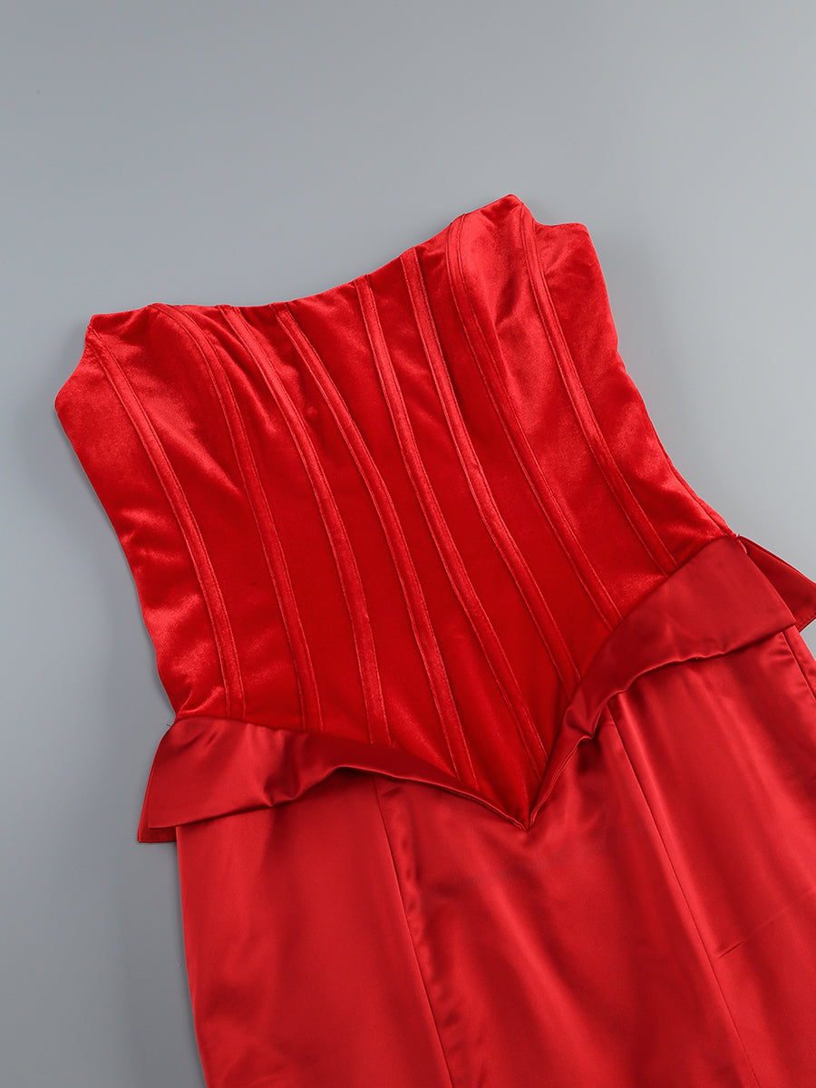 Strapless Floral Puff Detail Corset Maxi Dress Red