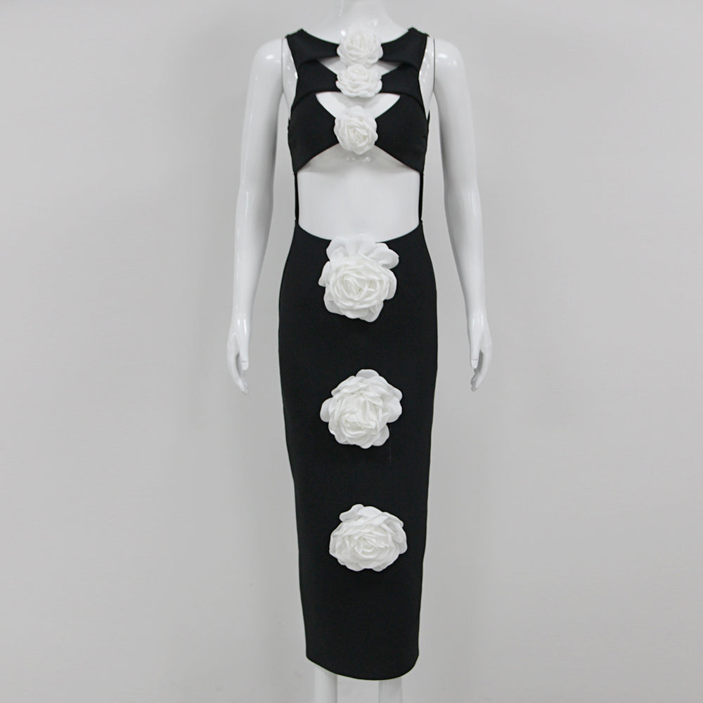 Floral Detail Midi Dress Black White HV1398