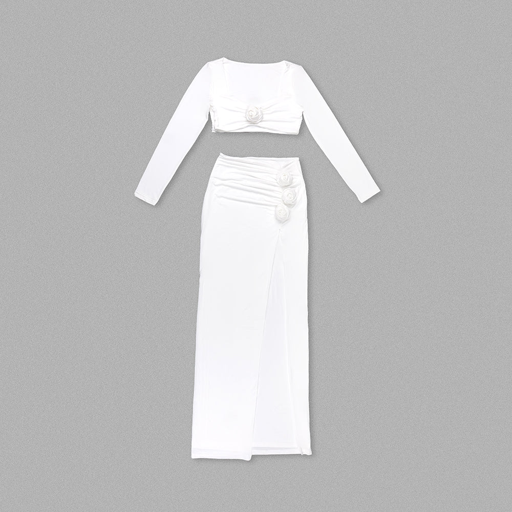 Long Sleeve Flower Detail Two Piece Maxi Dress HV1184