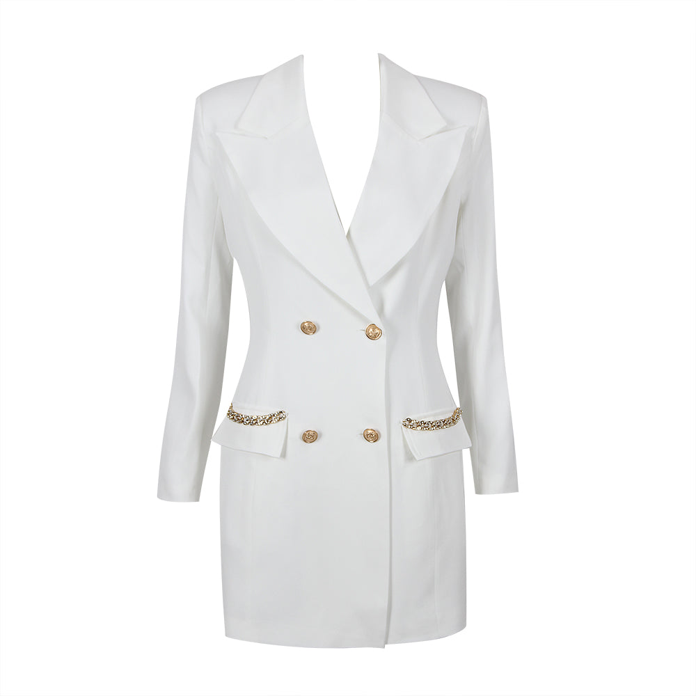 Long Sleeve Embellished Blazer Dress White