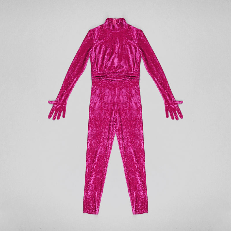 Long Sleeve Velvet Jumpsuit Hot Pink HV8336