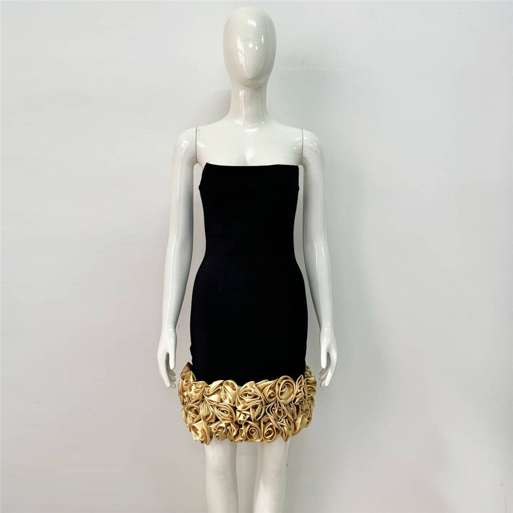 Strapless Floral Detail Dress Black Gold HV1824
