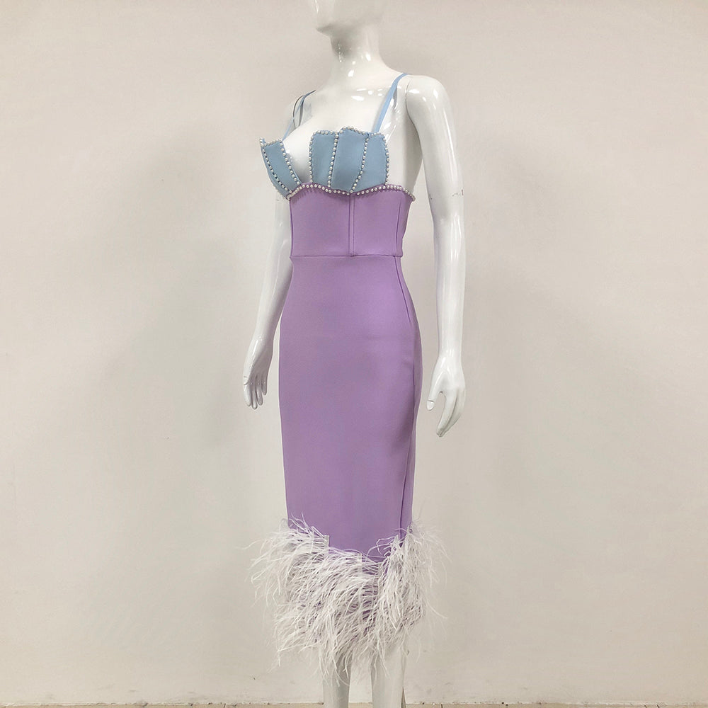 Pearl Bustier Feather Detail Midi Dress Purple HV1800