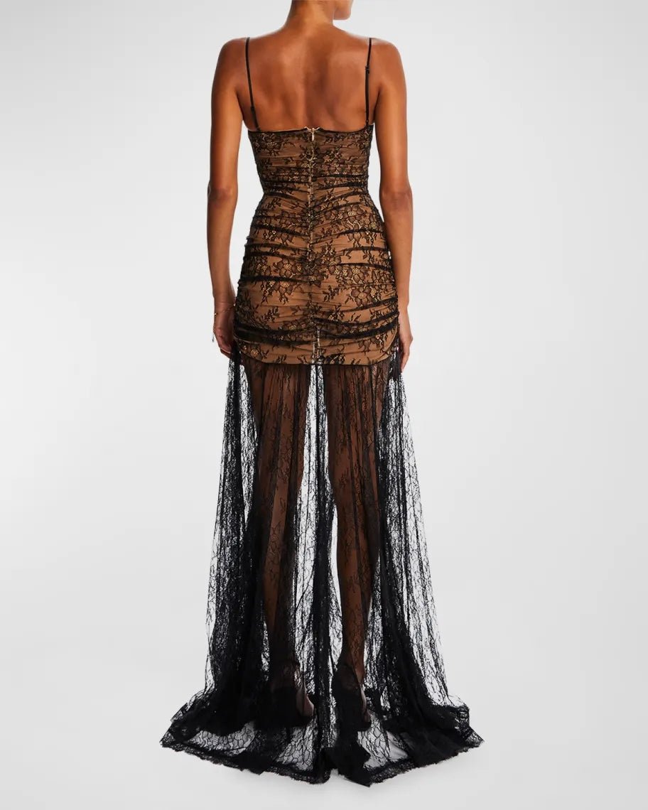 Lace Corset A Line Maxi Dress Black Nude HV1766