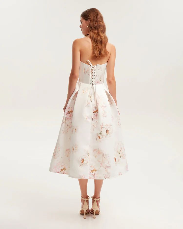 Strapless Floral Corset A Line Midi Dress