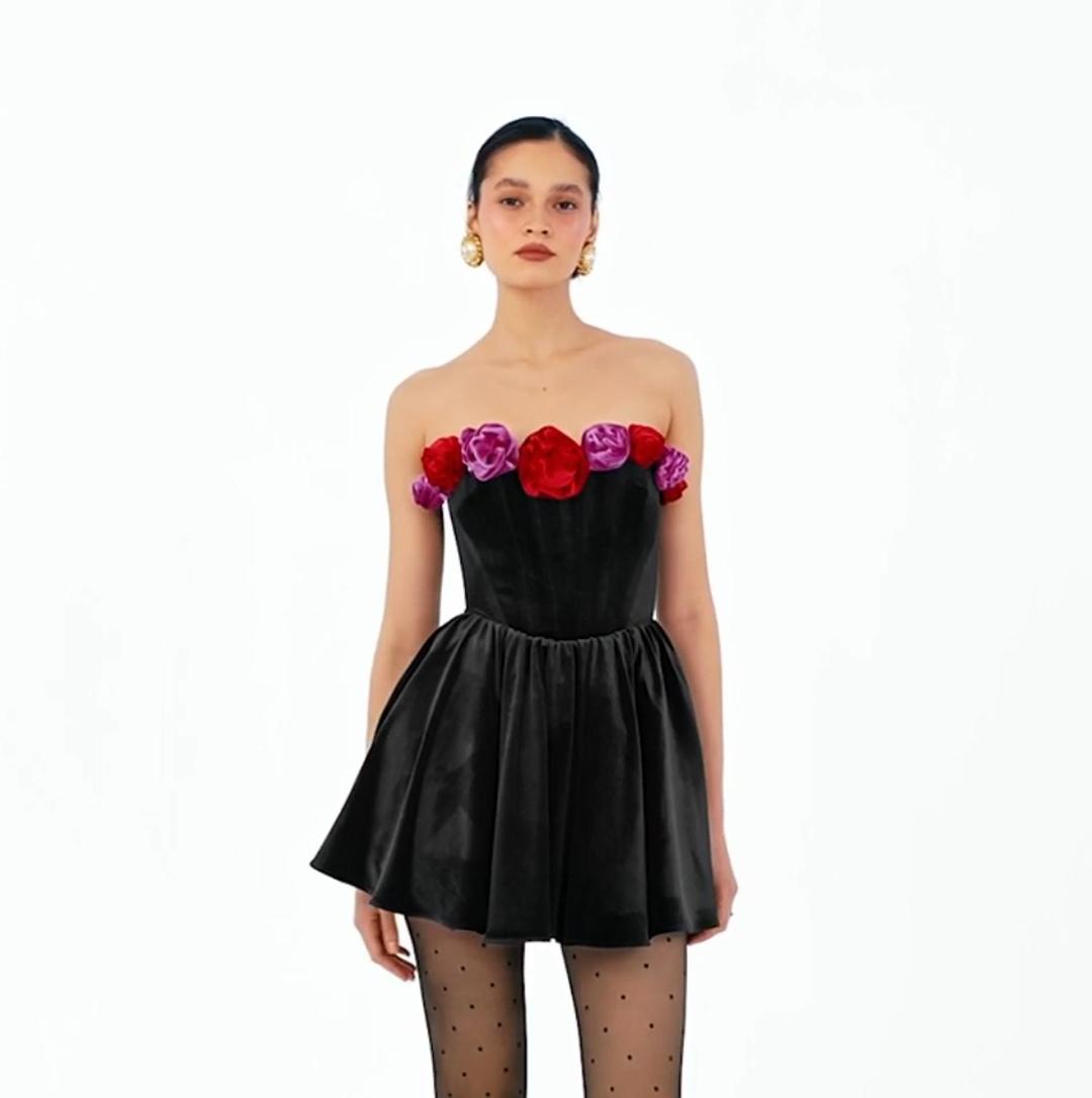 Flower Detail Strapless A Line Velvet Dress Black HV1173