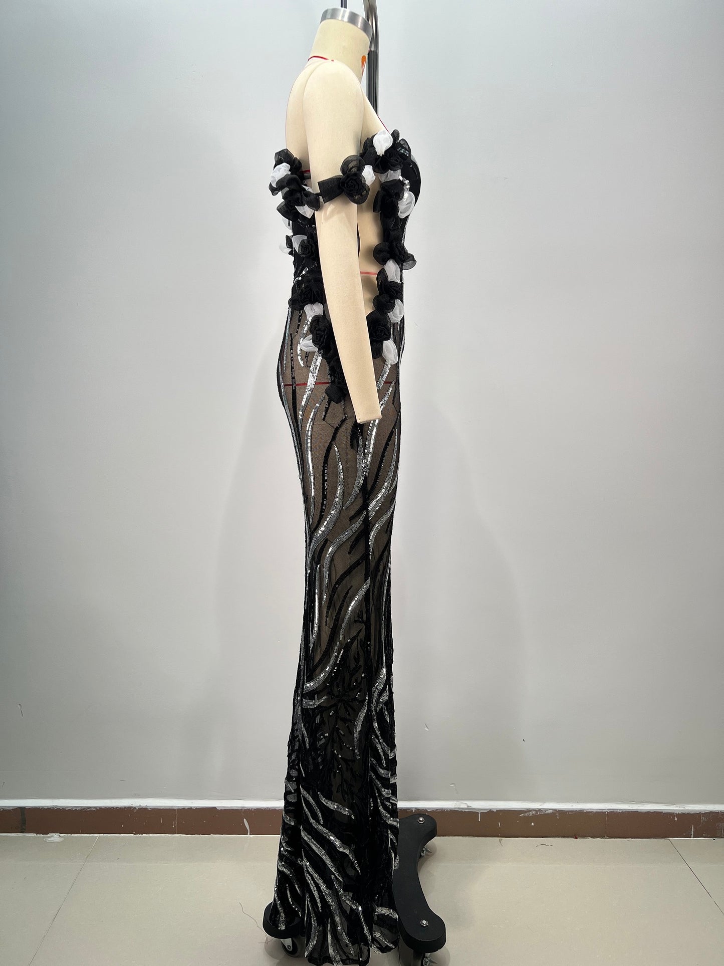 Bardot Petal Sequin Maxi Dress Black Silver HV1743