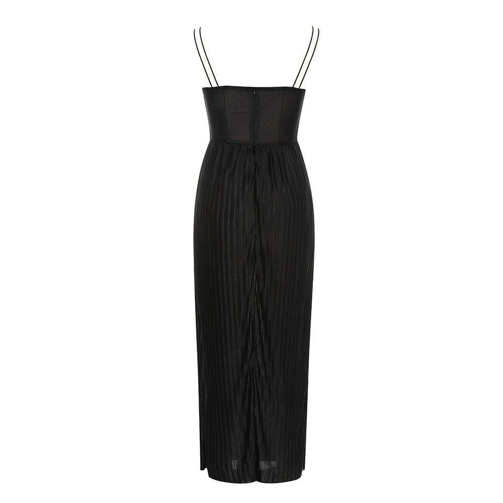 Lace Insert Pleated Maxi Dress Black HV9823