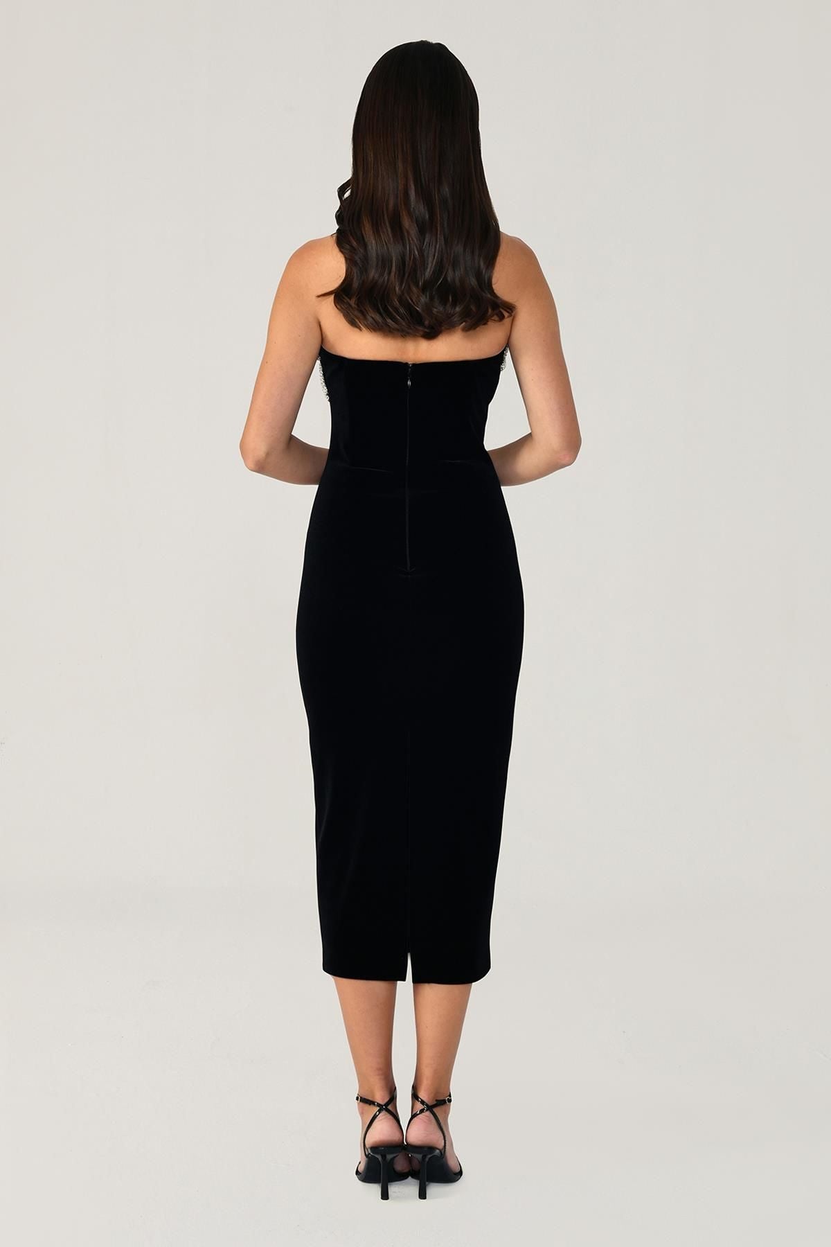 Strapless Crystal Trim Midi Dress Black HV1336