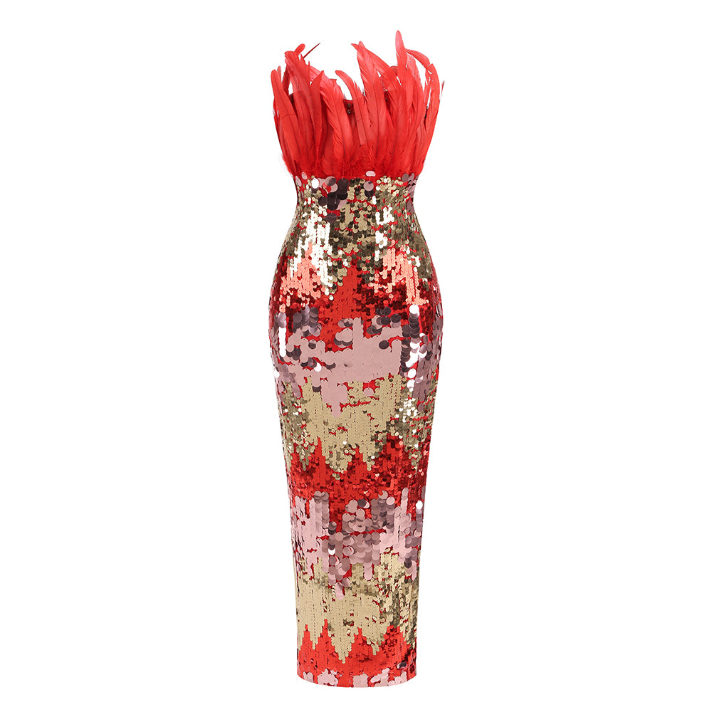 Strapless Feather Sequin Maxi Dress Red Gold HV1749