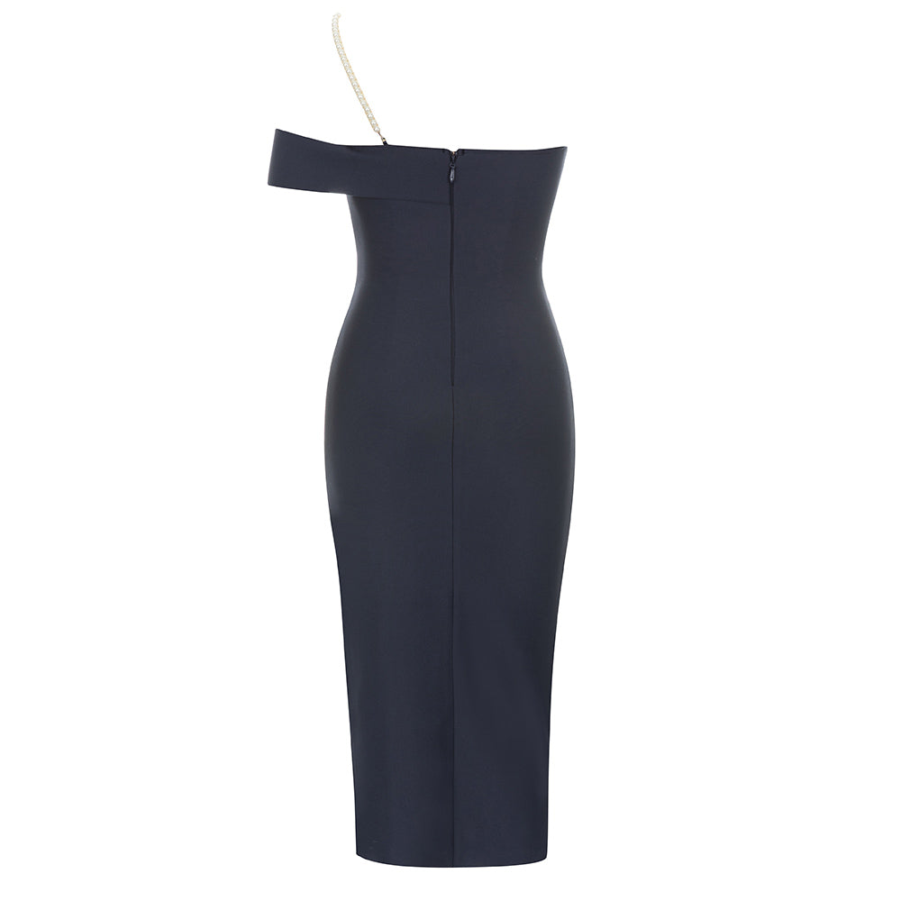 One Shoulder Pearl Midi Dress Navy Blue HV9313