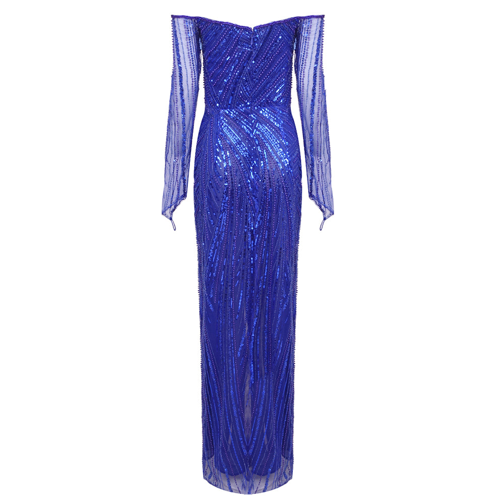 Long Sleeve Bardot Sequin Maxi Dress Blue HV1678