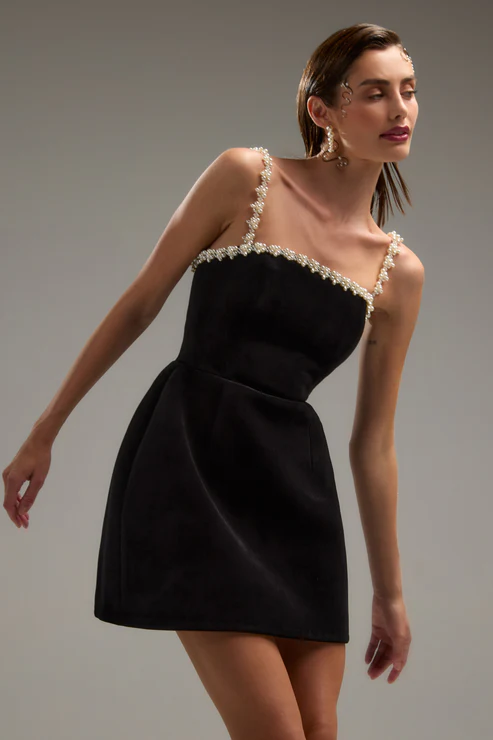 Pearl Detail A Line Dress Black