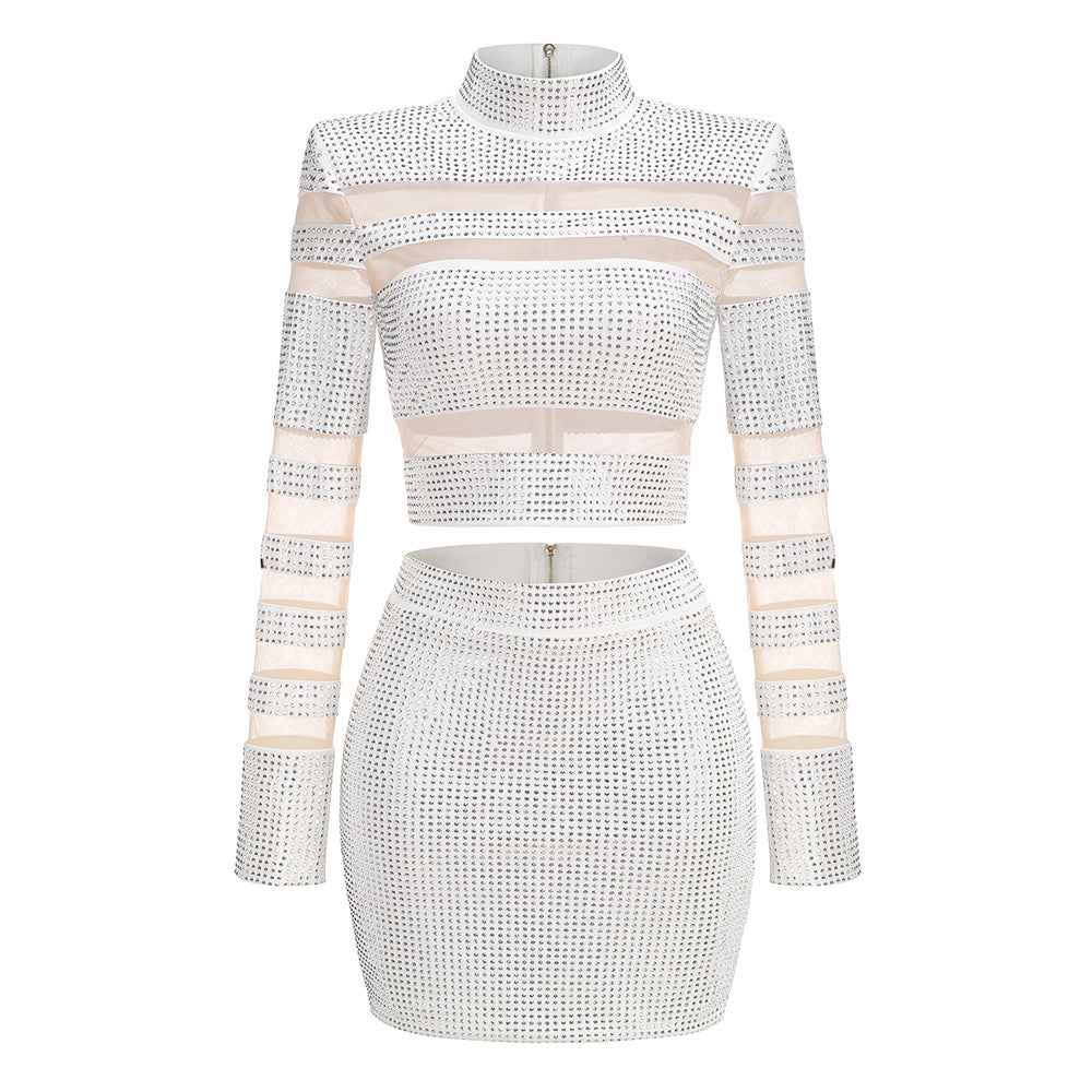 Long Sleeve Studded Mesh Two Piece Dress HV1939