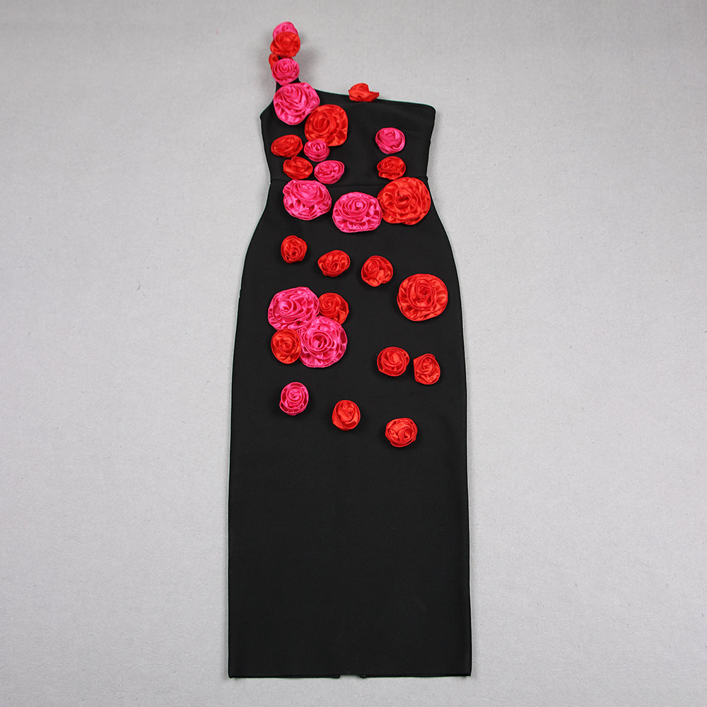 One Shoulder Rose Detail Midi Dress Black HV1094
