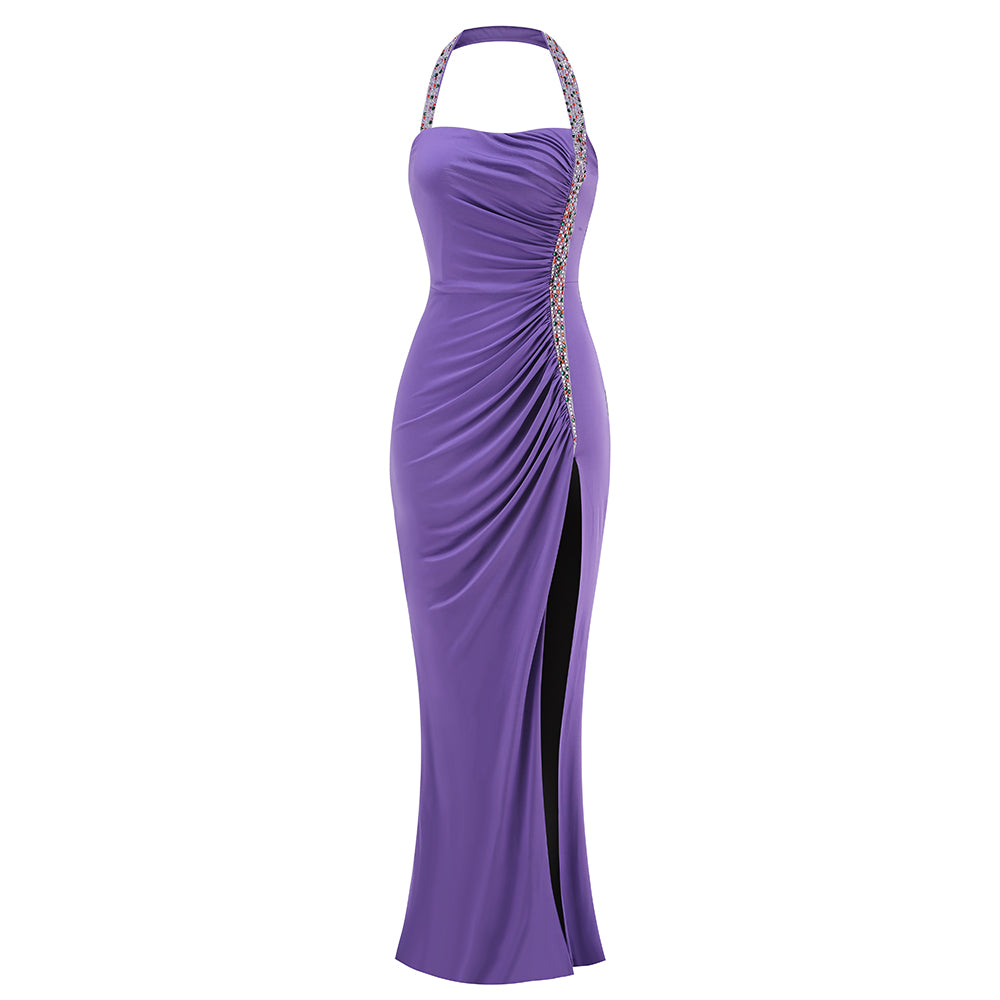 Halter Crystal Ruched Maxi Dress Purple HV1788