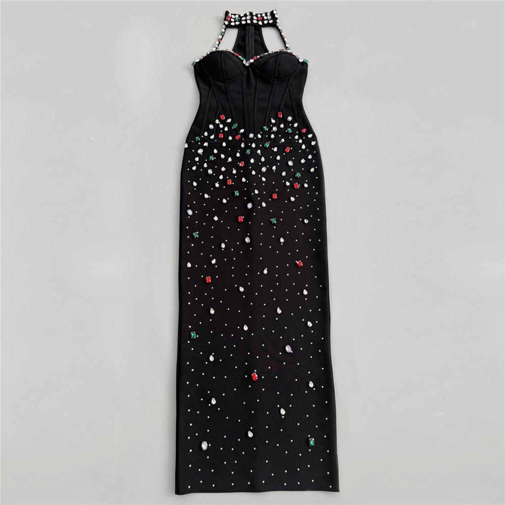 Halter Crystal Structured Bustier Maxi Dress Black HV3092