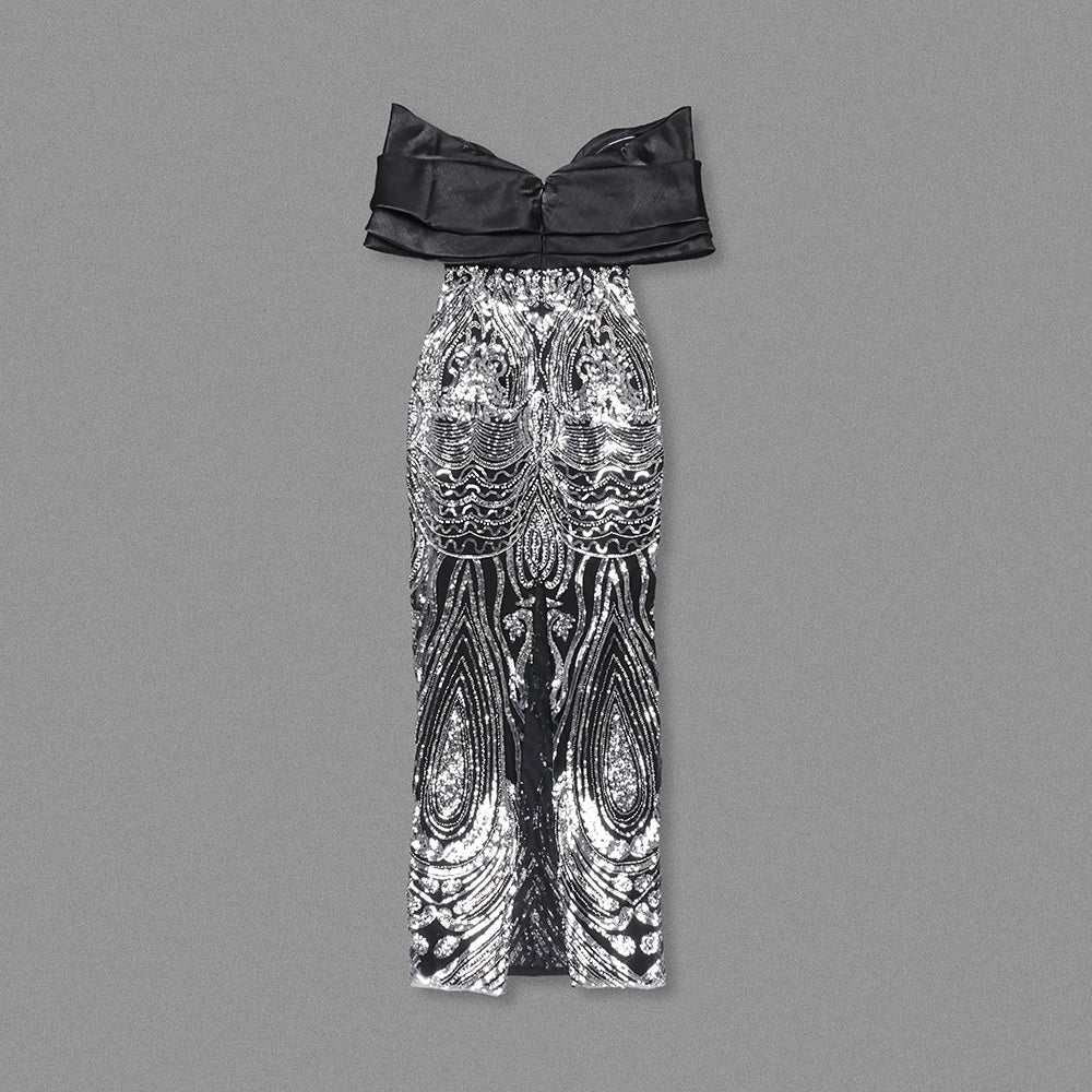 Draped Bardot Sequin Maxi Dress Black HV2052