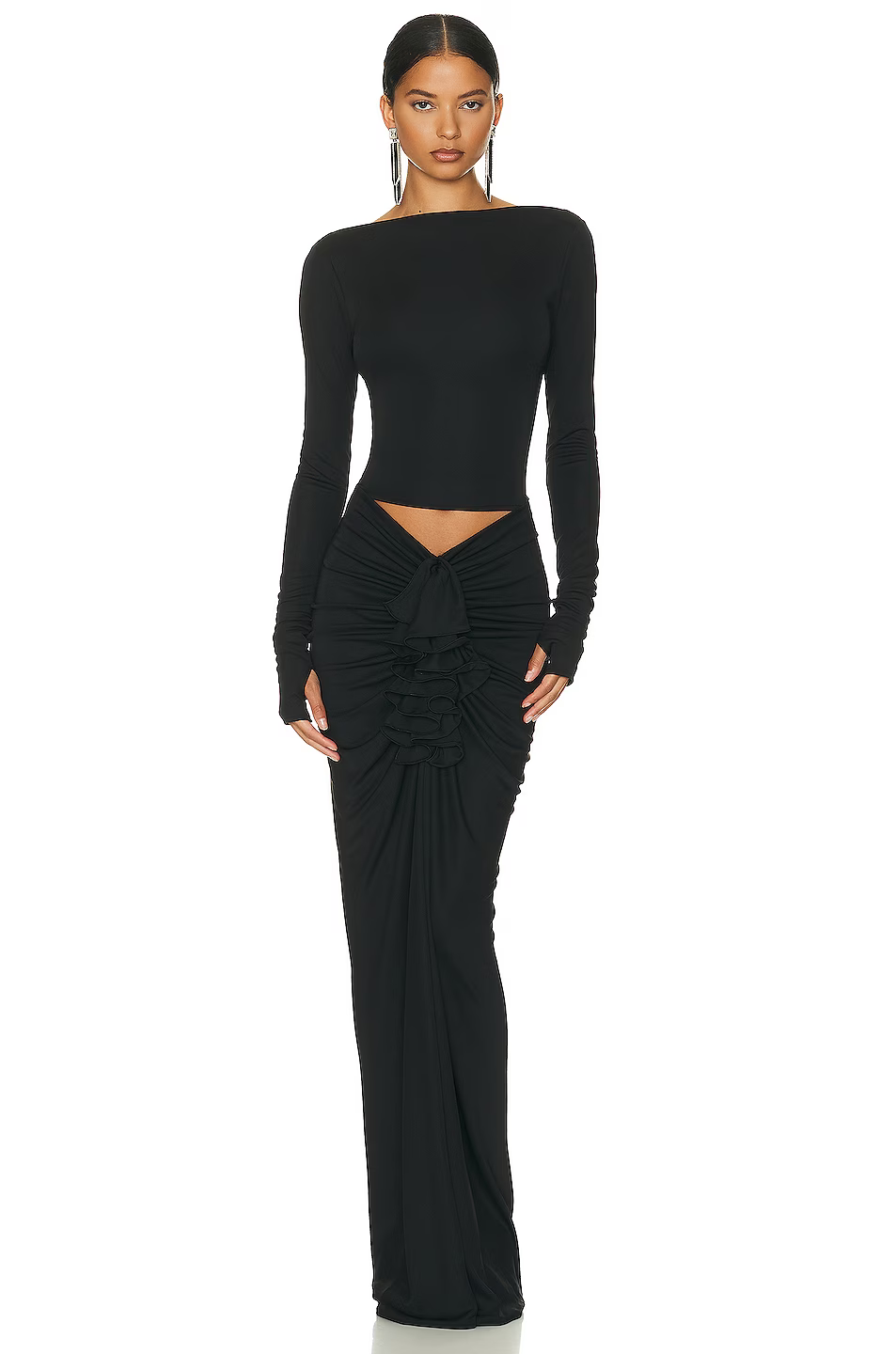 Long Sleeve Ruffle Two Piece Maxi Dress Black HV1050