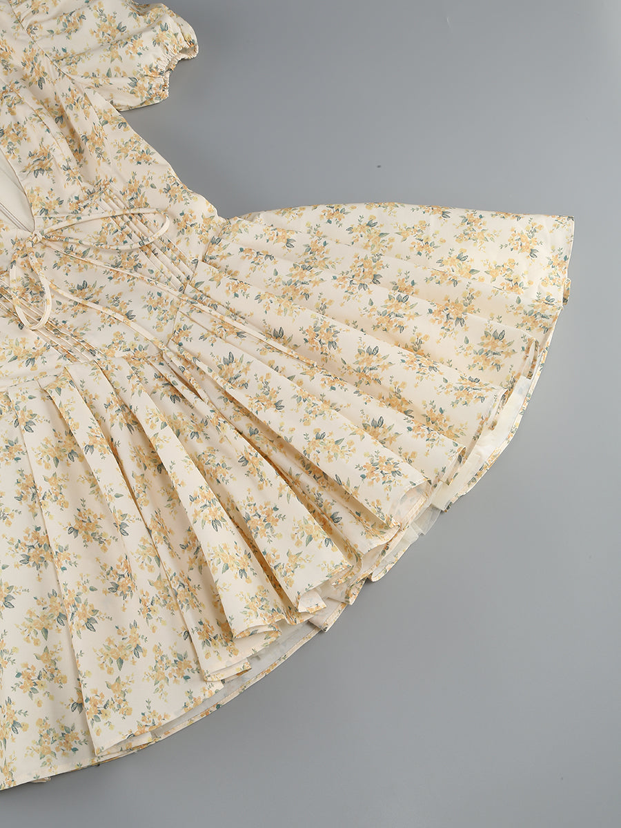 Short Sleeve Floral A Line Dress Yellow HV1205