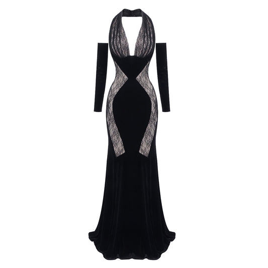 Long Sleeve Halter Lace Maxi Velvet Dress  HV2048