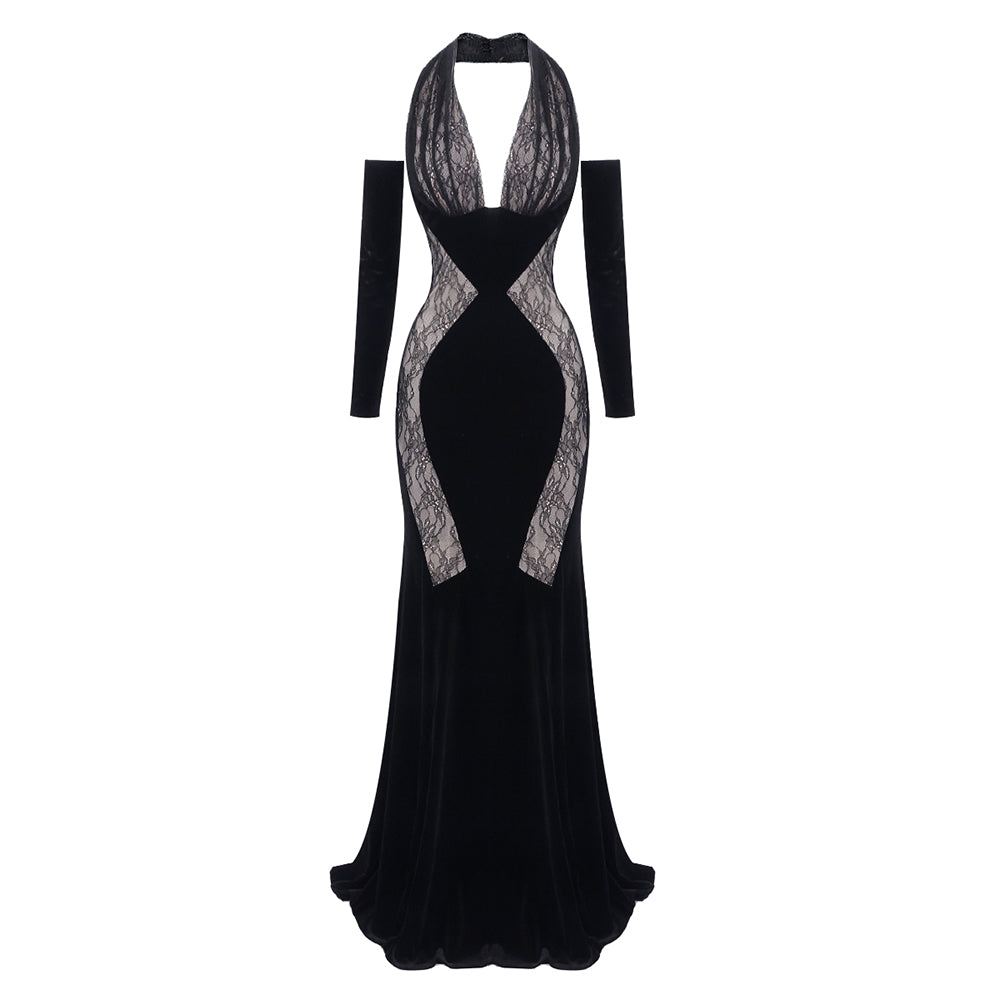 Long Sleeve Halter Lace Maxi Velvet Dress HV2048