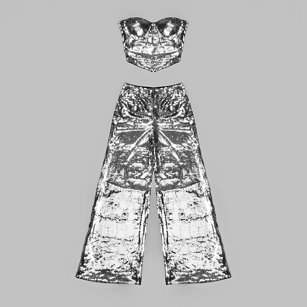 Strapless Bustier Two Piece Jumpsuit Silver