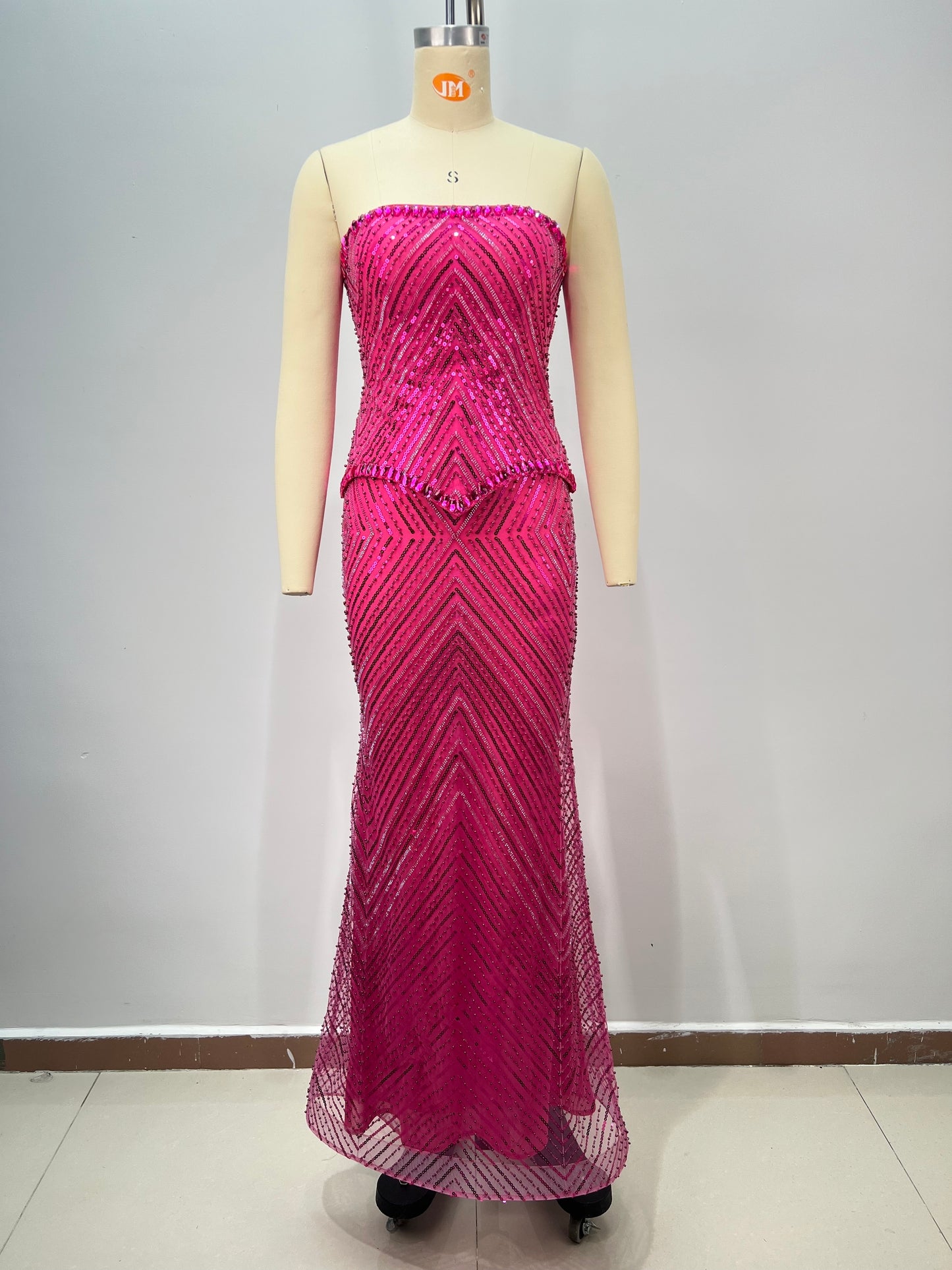 Strapless Crystal Sequin Maxi Dress Hot Pink HV2818