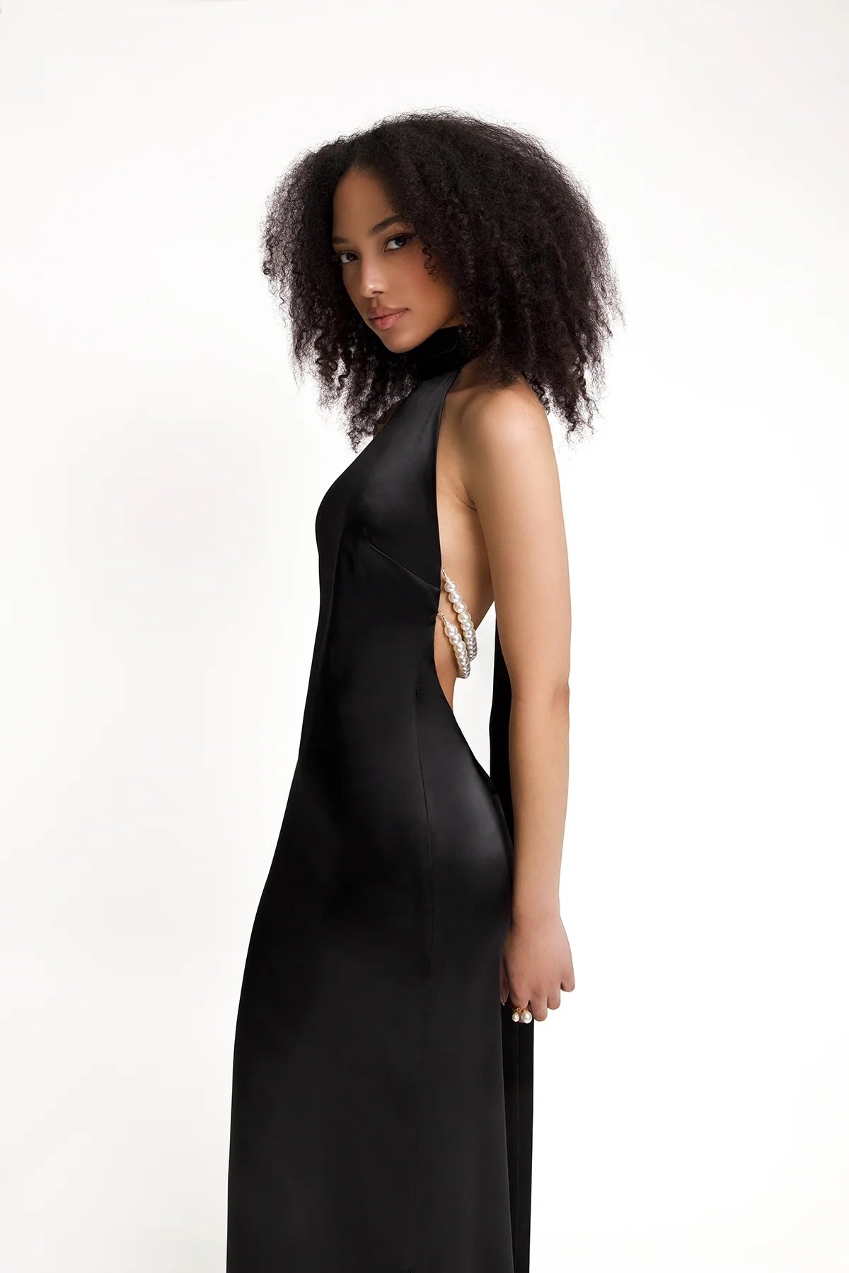 Halter Pearl Detail Backless Maxi Dress White HV1534