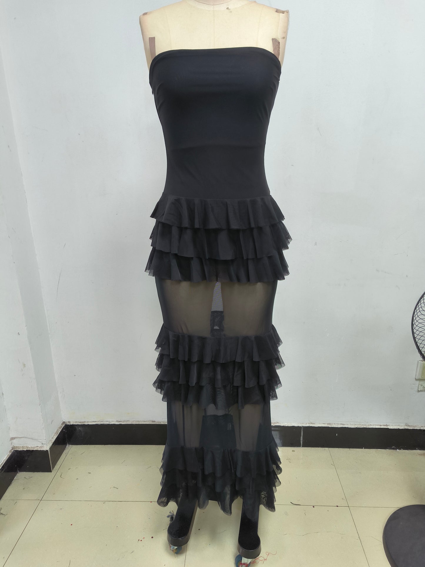 Strapless Ruffle Mesh Maxi Dress Black S025