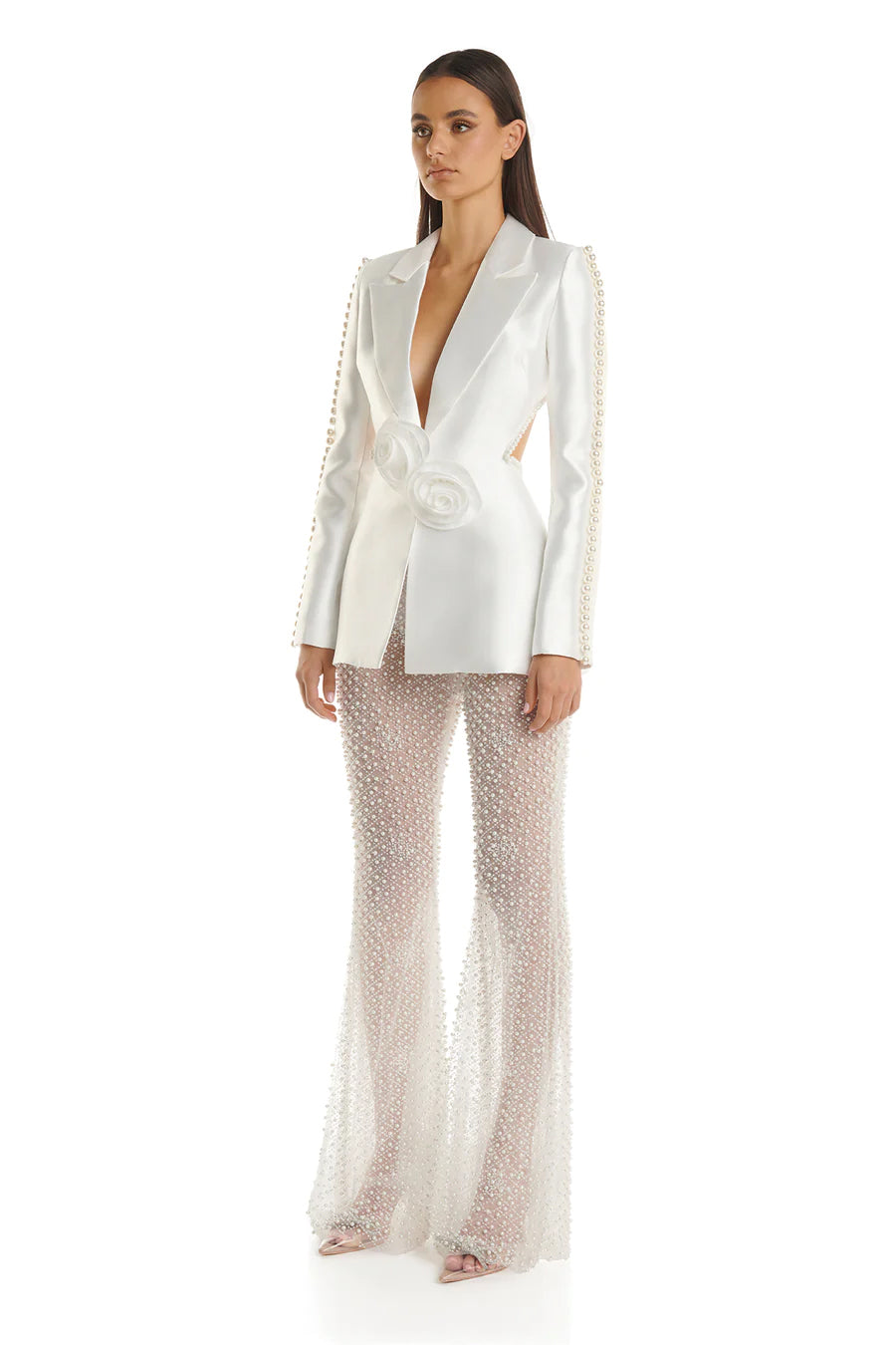 Long Sleeve Pearl Silk Suit White HV9953