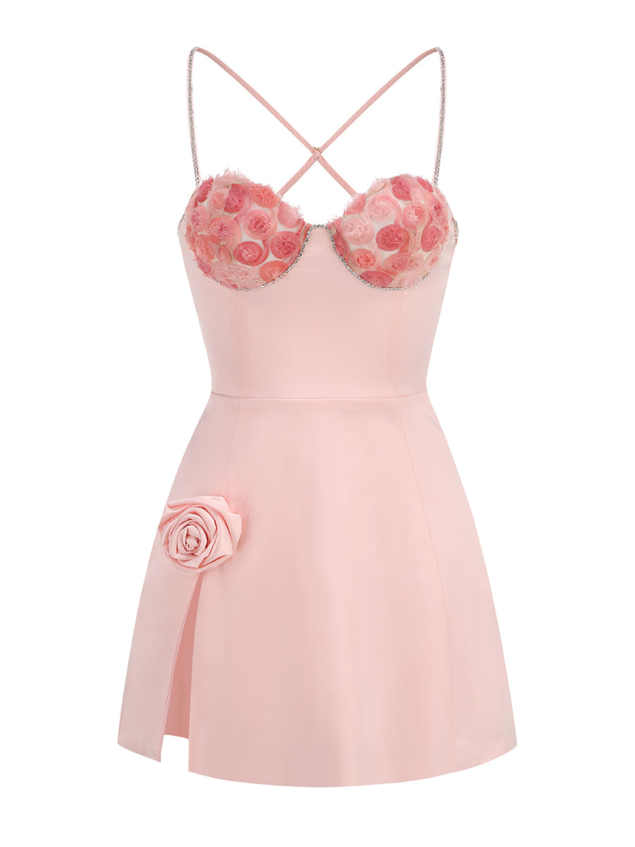 Crystal Floral Bustier A Line Dress Pink