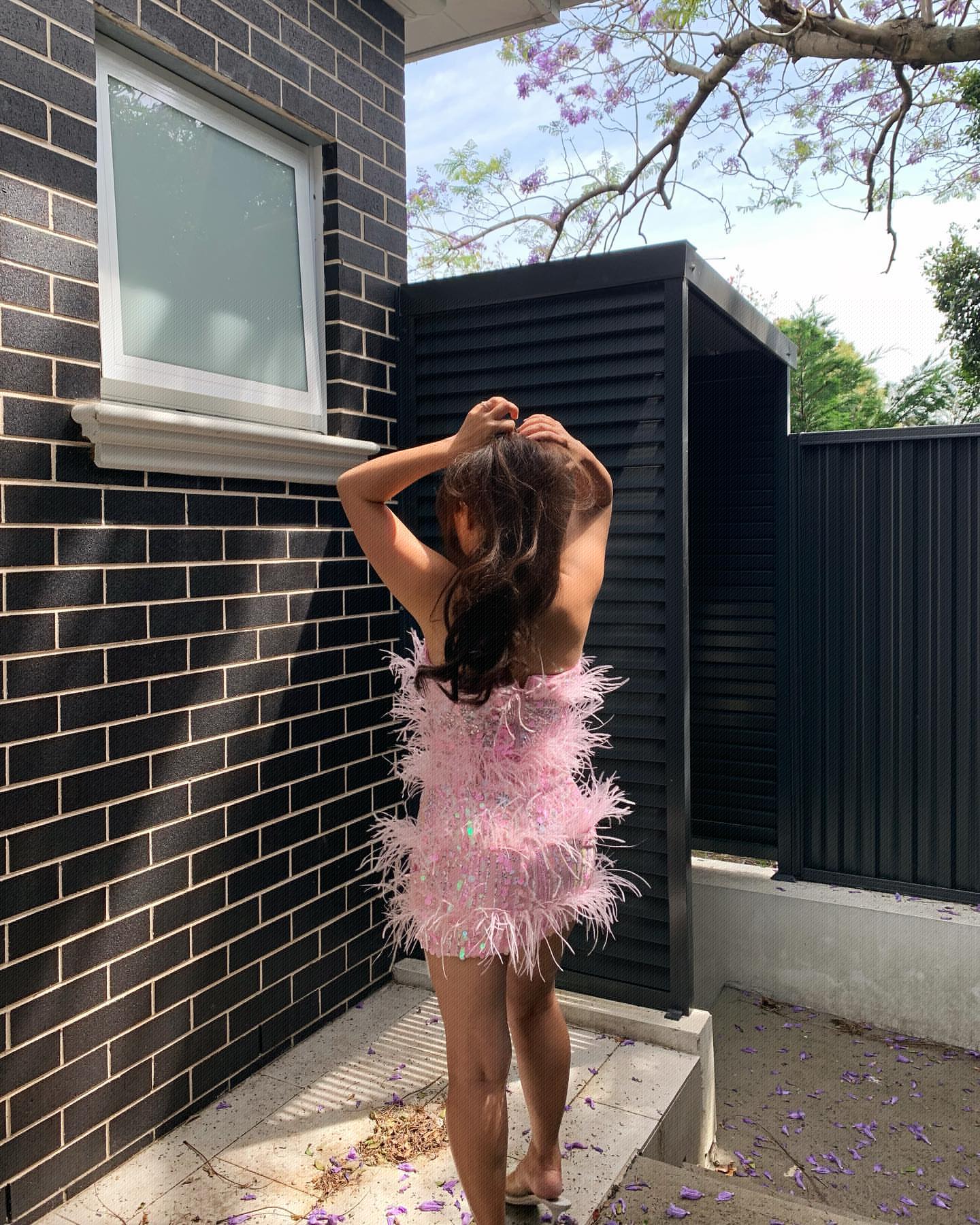 Strapless Feather Sequin Dress Pink HV9288