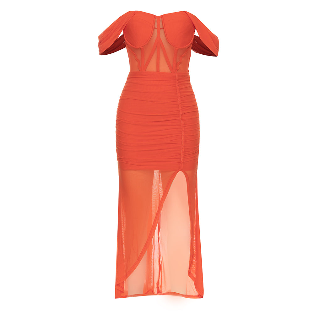 Off Shoulder Bustier Draped Mesh Maxi Dress HV9837