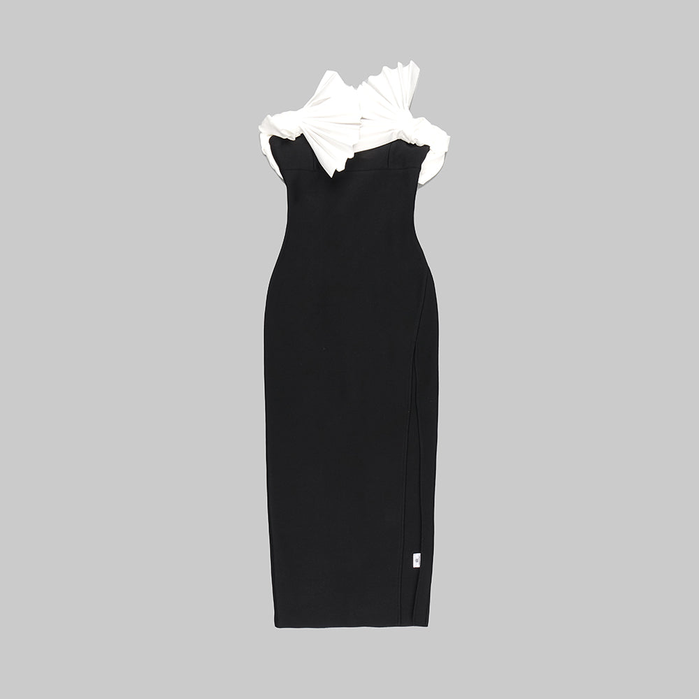 Pleated Detail Midi Dress Black White HV9661