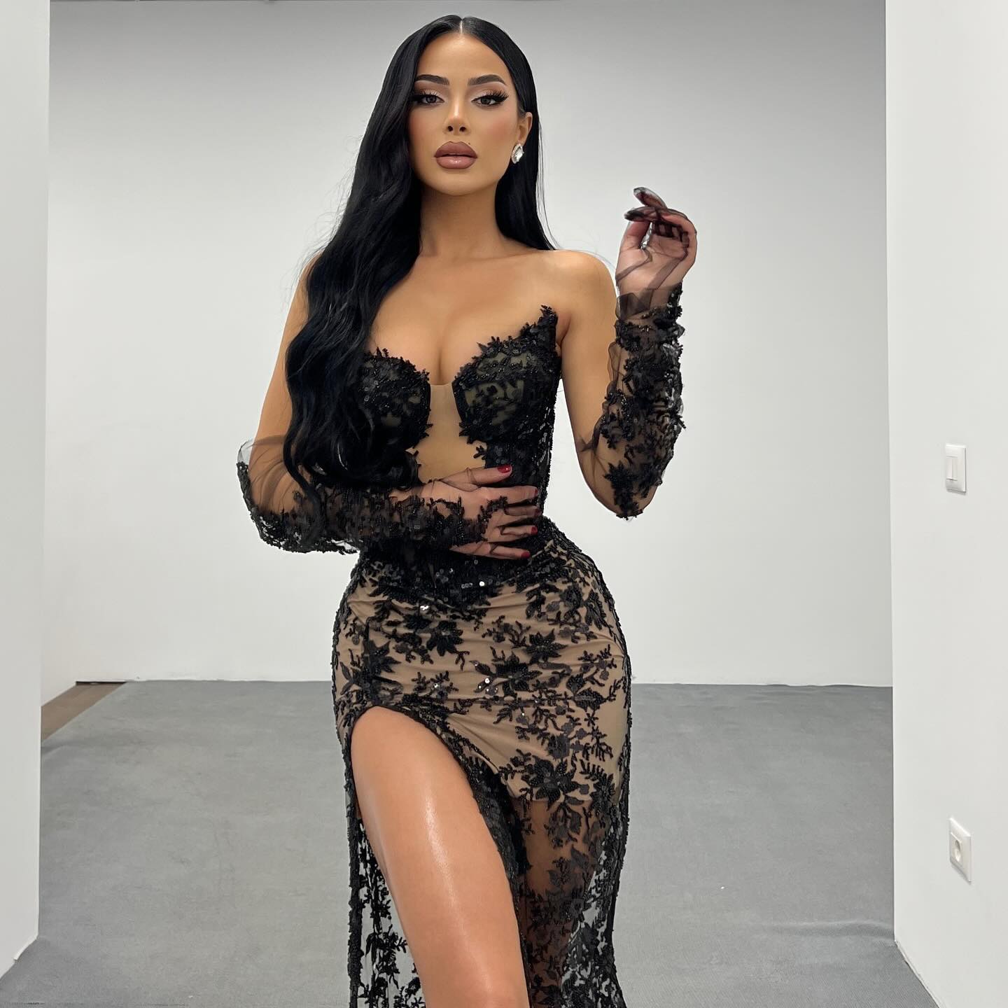 Strapless Sequin Lace Maxi Dress Black HV1630