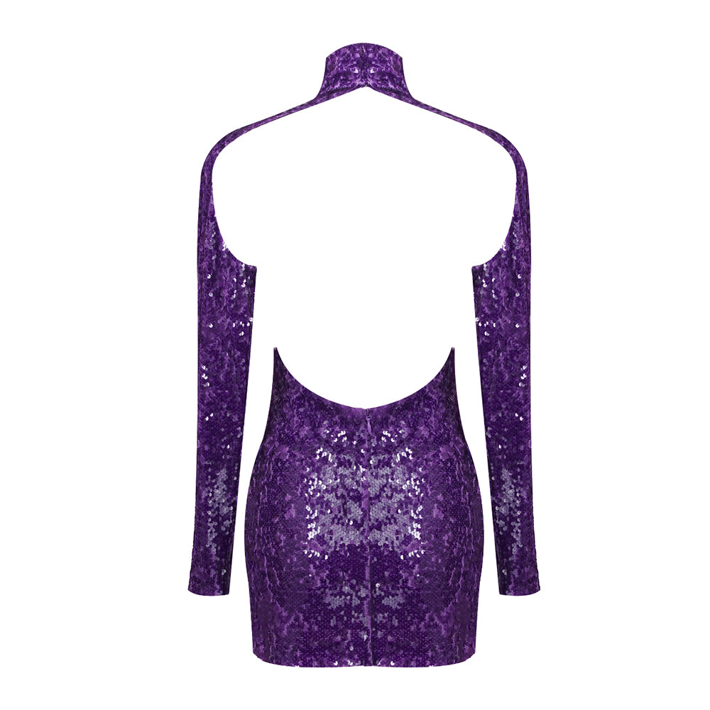Long Sleeve Sequin Backless Dress Purple HV1009