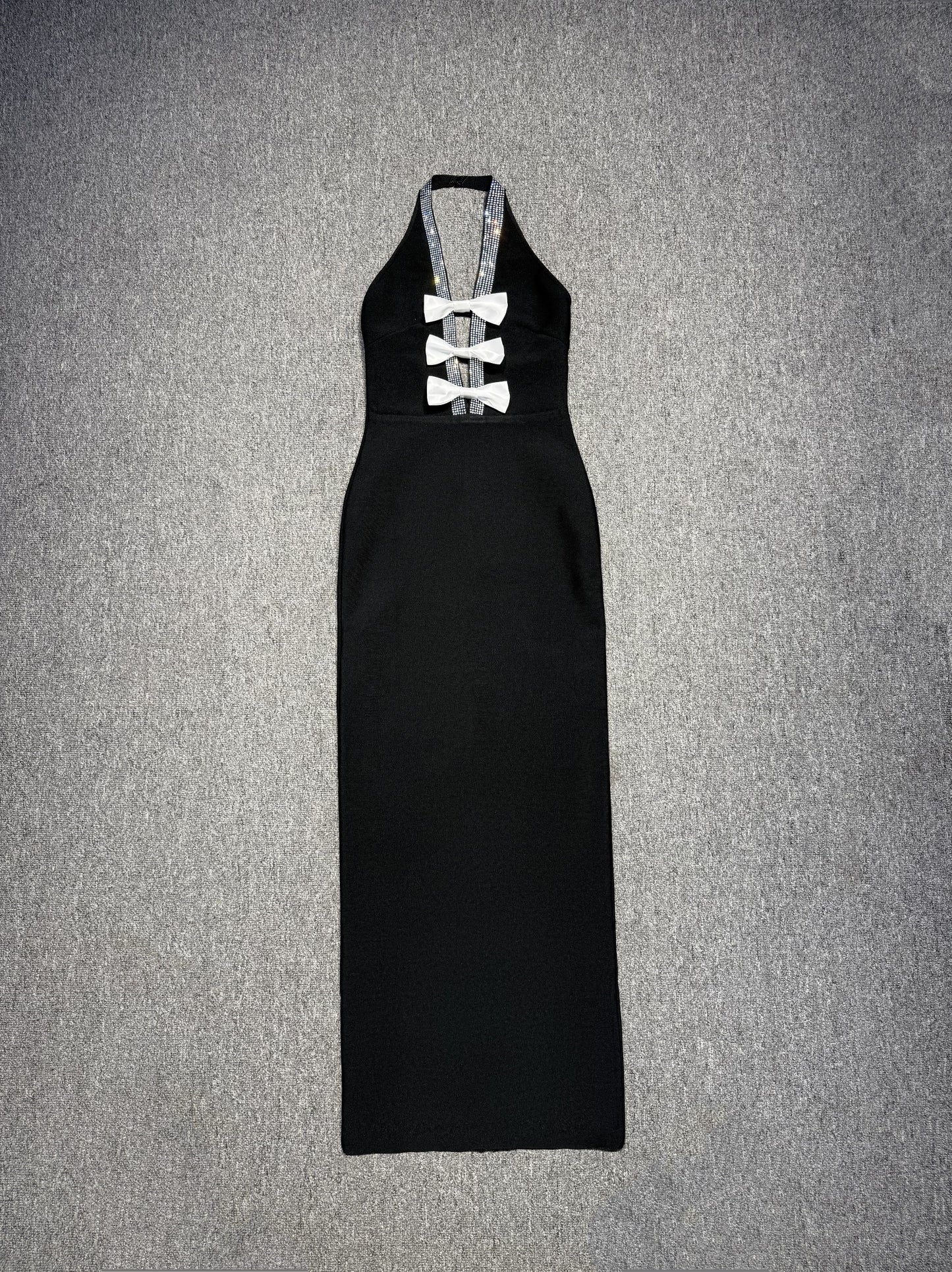 Halter Crystal Bow Detail Maxi Dress Black HV2539