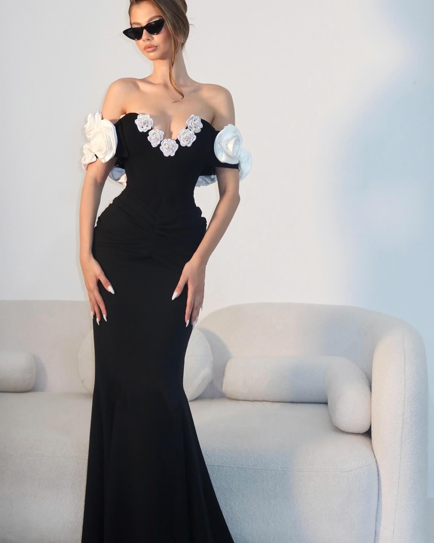 Floral Bardot Maxi Dress Black White HV1469