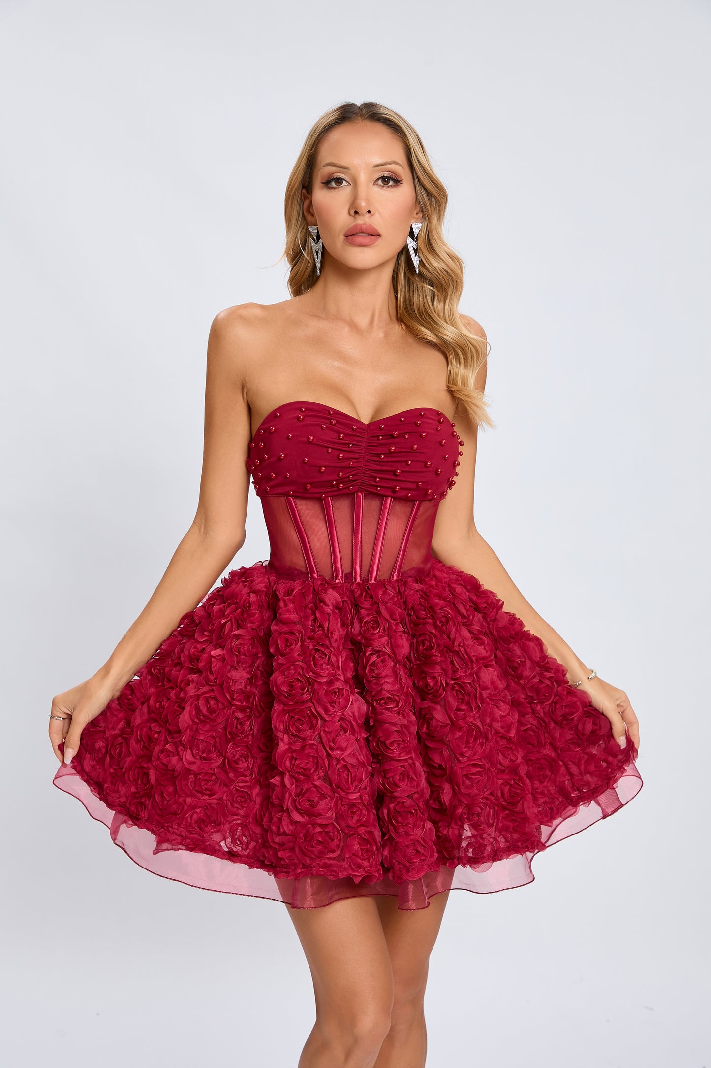 Strapless 3D Floral A Line Dress Black HV2156