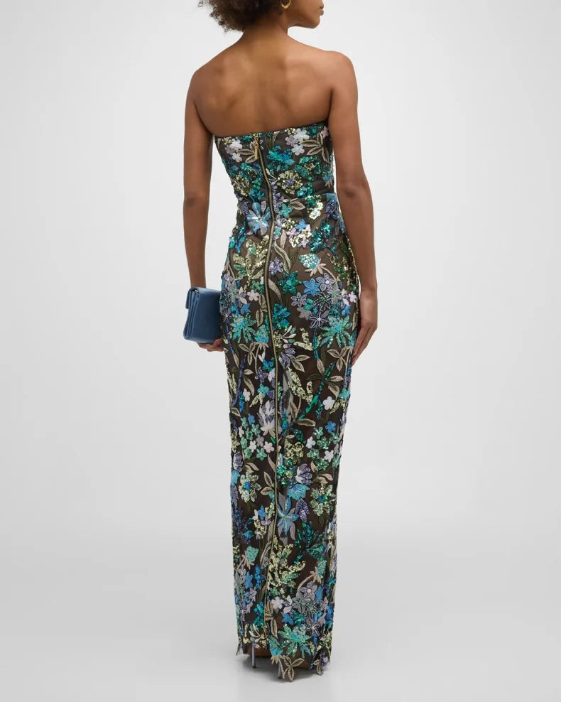 Strapless Sequin Floral Lace Maxi Dress Green HV1152