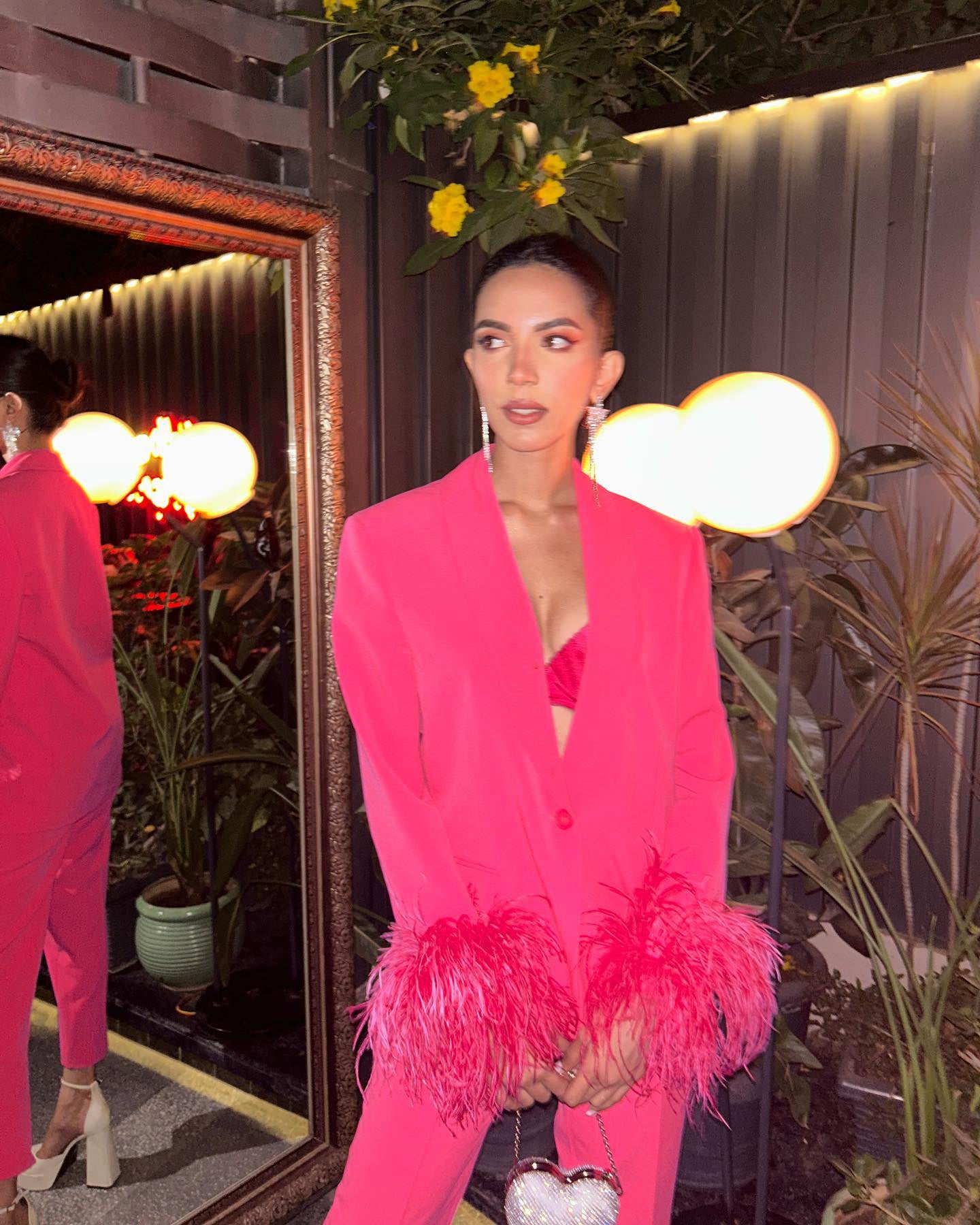 Long Sleeve Feather Detail Suit Hot Pink HV1267